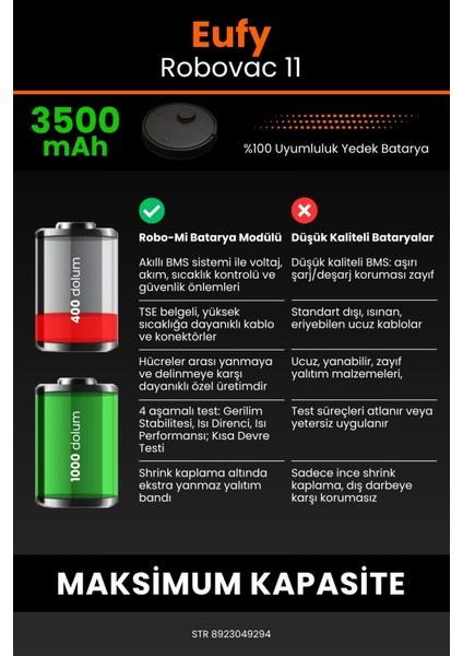 Eufy Robovac 11 3500mAh Robot Süpürge Bataryası - Yüksek Yoğunluklu Li-ion Hücre