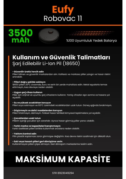 Eufy Robovac 11 3500mAh Robot Süpürge Bataryası - Yüksek Yoğunluklu Li-ion Hücre