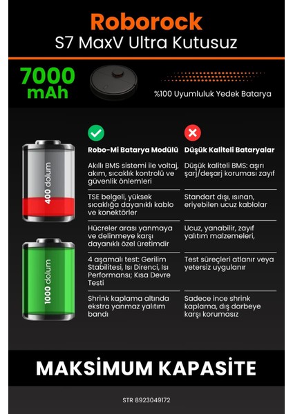 Roborock S7 Maxv Ultra Kutusuz 7000MAH Robot Süpürge Bataryası - Koruma Katmanlı Batarya Teknolojisi