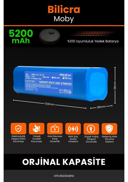 Bilicra Moby 5200mAh Robot Süpürge Bataryası - Sertifikalı Güvenlik, Gerçek Kapasite fiyatları