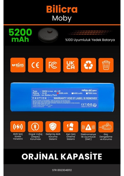 Bilicra Moby 5200mAh Robot Süpürge Bataryası - Sertifikalı Güvenlik, Gerçek Kapasite modelleri