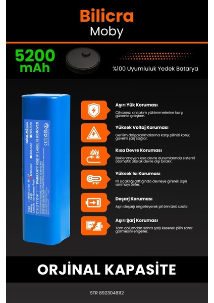 Bilicra Moby 5200mAh Robot Süpürge Bataryası - Sertifikalı Güvenlik, Gerçek Kapasite indirimleri