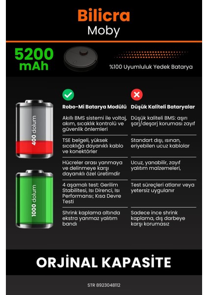Bilicra Moby 5200mAh Robot Süpürge Bataryası - Sertifikalı Güvenlik, Gerçek Kapasite