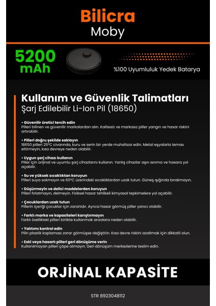 Bilicra Moby 5200mAh Robot Süpürge Bataryası - Sertifikalı Güvenlik, Gerçek Kapasite
