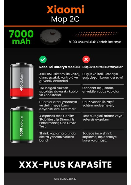 Xiaomi Xiaomi Mi Vacuum Mop 2c 7000MAH Robot Süpürge Bataryası - Koruma Katmanlı Batarya Teknolojisi