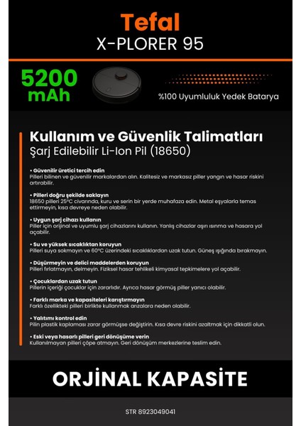 Tefal X-Plorer 95 5200mAh Robot Süpürge Bataryası - Koruma Katmanlı Batarya Teknolojisi