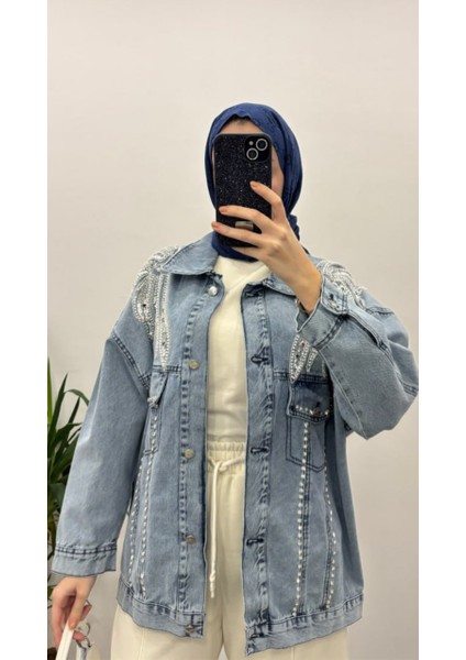 9191 - Yaka Nakış Detaylı Rahat Şık Kadın Kot Ceket