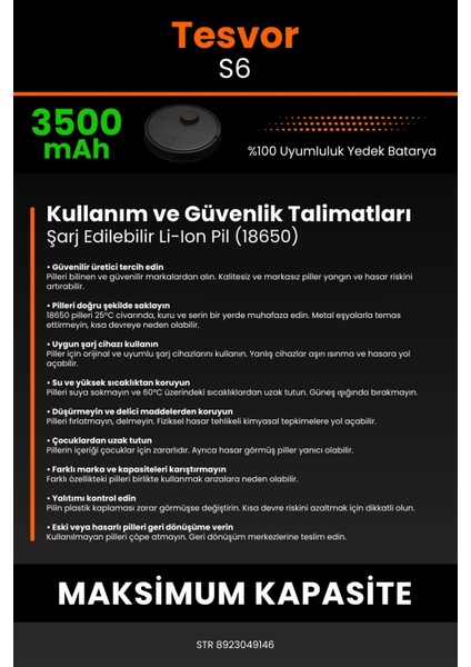 Tesvor S6 3500mAh Robot Süpürge Bataryası - Yüksek Yoğunluklu Li-ion Hücre