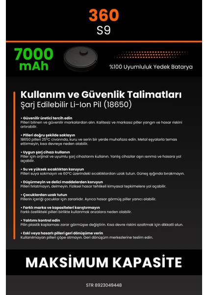 360 S9 7000mAh Robot Süpürge Bataryası - Yüksek Yoğunluklu Li-ion Hücre