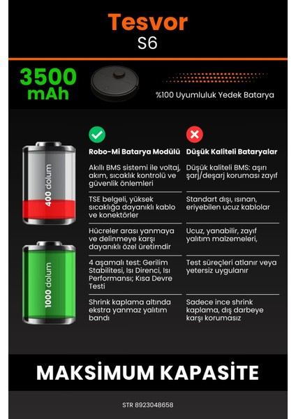 Tesvor S6 3500mAh Robot Süpürge Bataryası - Koruma Katmanlı Batarya Teknolojisi