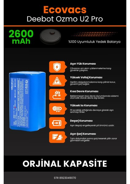 Ecovacs Deebot Ozmo U2 Pro 2600MAH Robot Süpürge Bataryası - Yüksek Yoğunluklu Li-Ion Hücre