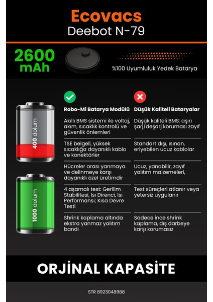 Ecovacs Deebot N79 2600mAh Robot Süpürge Bataryası - Koruma Katmanlı Batarya Teknolojisi
