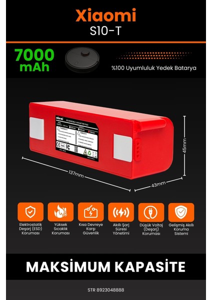 Xiaomi S10-T 7000MAH Robot Süpürge Bataryası - Yüksek Yoğunluklu Li-Ion Hücre