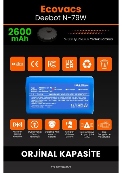 Ecovacs Deebot N79W 2600mAh Robot Süpürge Bataryası - Sertifikalı Güvenlik, Gerçek Kapasite modelleri