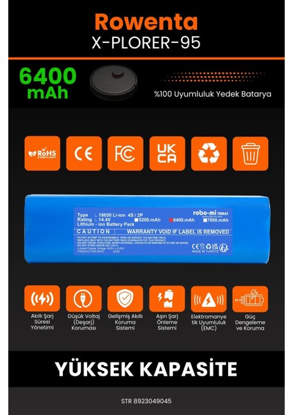Rowenta X-Plorer-95 6400MAH Robot Süpürge Bataryası - Yüksek Yoğunluklu Li-Ion Hücre
