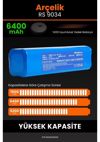 Arçelik Rs 9034 Hm 6400mAh Robot Süpürge Bataryası - Yüksek Yoğunluklu Li-ion Hücre fırsatları