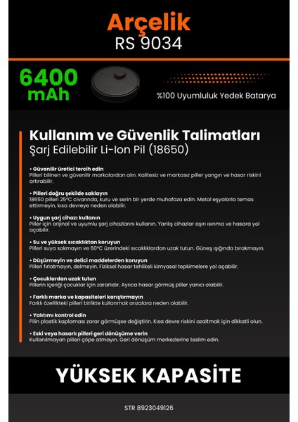 Arçelik Rs 9034 Hm 6400mAh Robot Süpürge Bataryası - Yüksek Yoğunluklu Li-ion Hücre