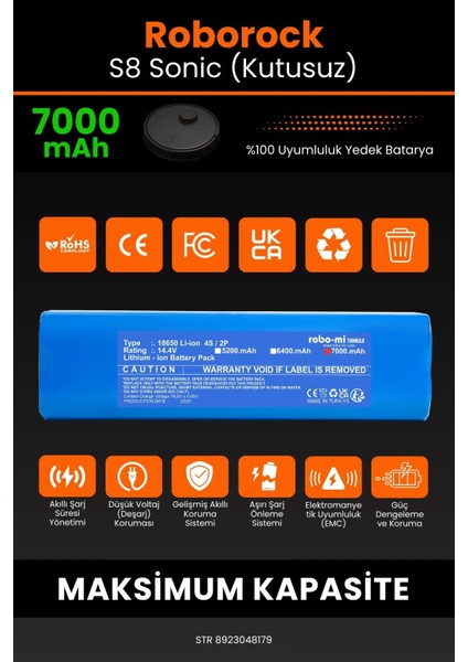 Roborock S8 Sonic (Kutusuz) 7000MAH Robot Süpürge Bataryası - Koruma Katmanlı Batarya Teknolojisi