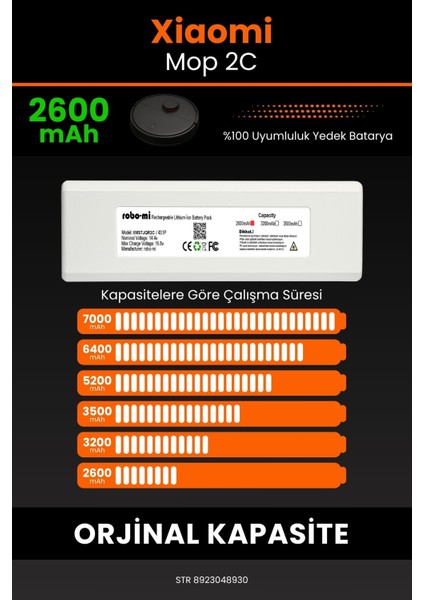 Xiaomi Xiaomi Mi Vacuum Mop 2c 2600MAH Robot Süpürge Bataryası - Yüksek Yoğunluklu Li-Ion Hücre