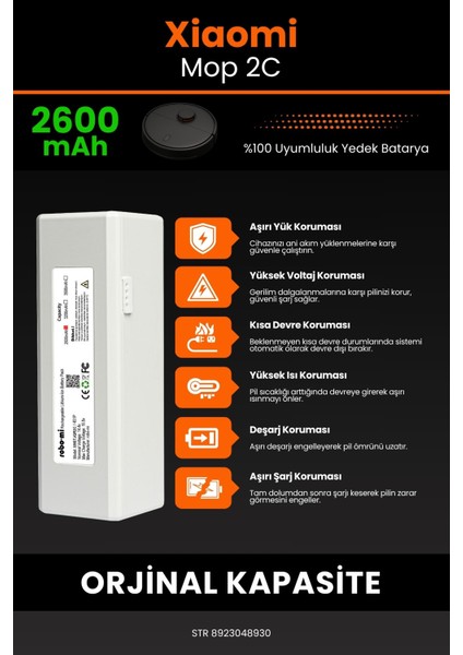 Xiaomi Xiaomi Mi Vacuum Mop 2c 2600MAH Robot Süpürge Bataryası - Yüksek Yoğunluklu Li-Ion Hücre