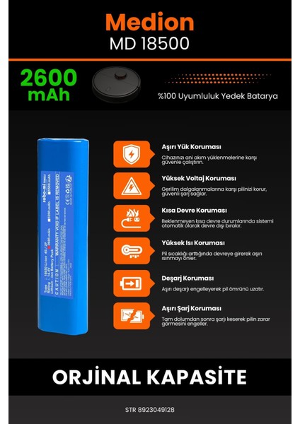 Medion MD 18500 2600mAh Robot Süpürge Bataryası - Yüksek Yoğunluklu Li-ion Hücre indirimleri