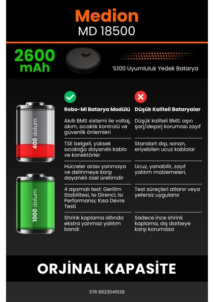 Medion MD 18500 2600mAh Robot Süpürge Bataryası - Yüksek Yoğunluklu Li-ion Hücre