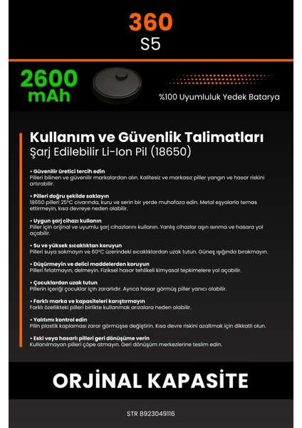 360 S5 2600mAh Robot Süpürge Bataryası - Yüksek Yoğunluklu Li-ion Hücre