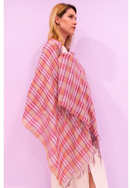 El Dokuması Barış Ipekli Ekose Desen Şal 70 x 190 cm - Pudra