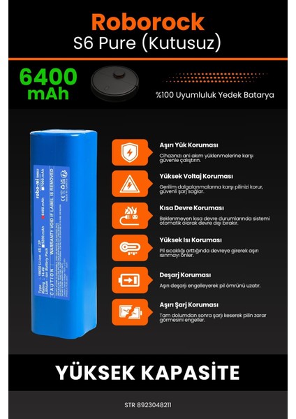 Roborock S6 Pure (Kutusuz) 6400MAH Robot Süpürge Bataryası - Koruma Katmanlı Batarya Teknolojisi