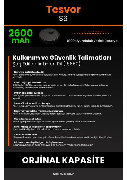 Tesvor S6 2600mAh Robot Süpürge Bataryası - Sertifikalı Güvenlik, Gerçek Kapasite