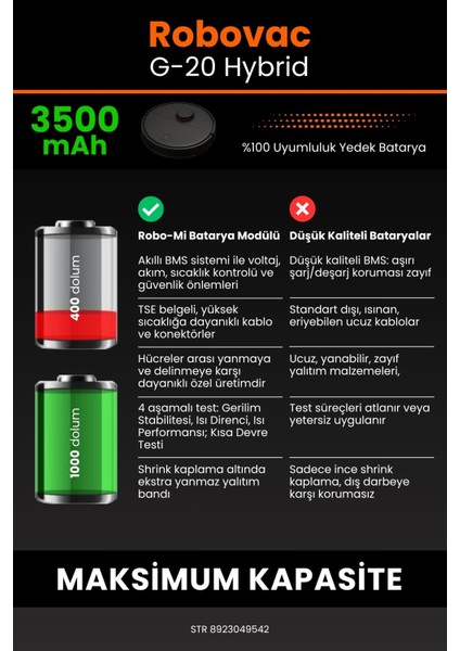 Eufy Robovac G20 3500mAh Robot Süpürge Bataryası - Yüksek Yoğunluklu Li-ion Hücre
