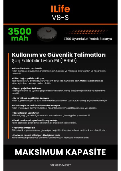 İlife V8S 3500mAh Robot Süpürge Bataryası - Yüksek Yoğunluklu Li-ion Hücre