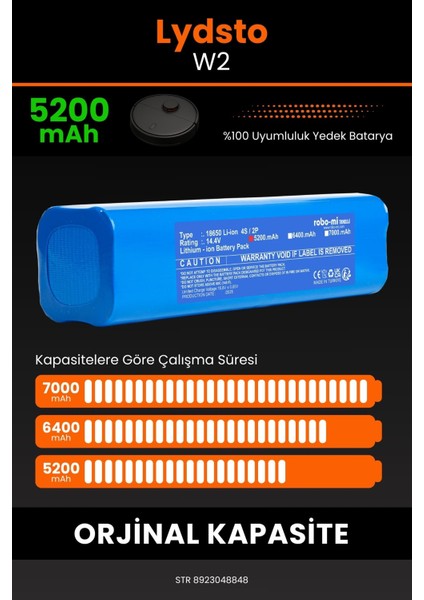 Lydsto W2 5200MAH Robot Süpürge Bataryası - Yüksek Yoğunluklu Li-Ion Hücre
