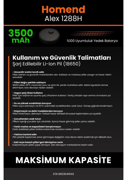Homend Alex 1288h 3500mAh Robot Süpürge Bataryası - Yüksek Yoğunluklu Li-ion Hücre