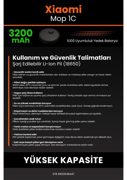 Xiaomi Mi Vacuum Mop 1C 3200mAh Robot Süpürge Bataryası - Sertifikalı Güvenlik, Gerçek Kapasite