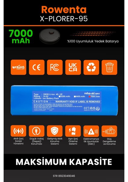 Rowenta X-Plorer-95 7000MAH Robot Süpürge Bataryası - Yüksek Yoğunluklu Li-Ion Hücre