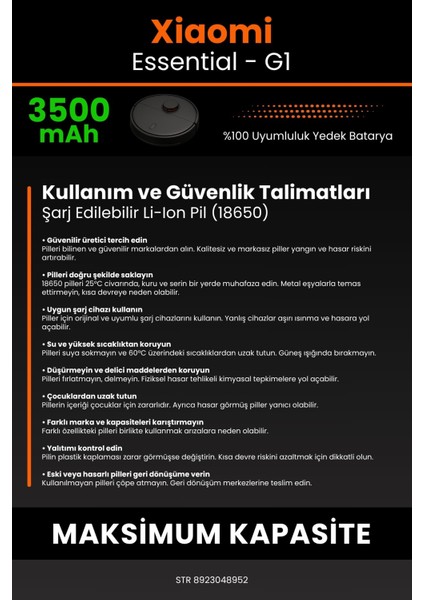 Xiaomi Mi Vacuum Mop Essential 3500mAh Robot Süpürge Bataryası - Koruma Katmanlı Batarya