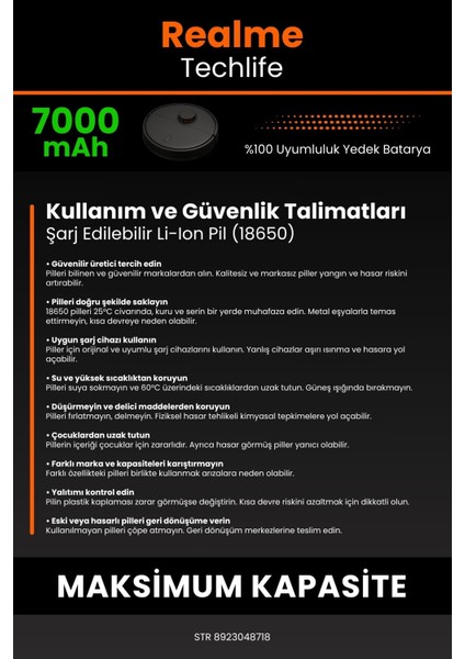 Realme Techlife 7000mAh Robot Süpürge Bataryası - Koruma Katmanlı Batarya Teknolojisi