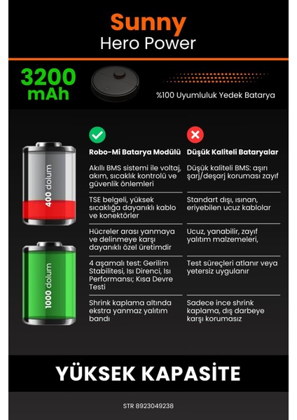 Sunny Hero Power 3200mAh Robot Süpürge Bataryası - Yüksek Yoğunluklu Li-ion Hücre