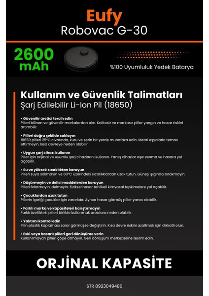 Eufy Robovac G30 2600mAh Robot Süpürge Bataryası - Yüksek Yoğunluklu Li-ion Hücre