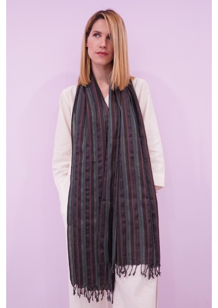 %100 Ipek El Dokuması Çizgili Şal 60 x 200 cm - Haki fiyatları
