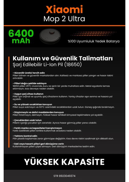 Xiaomi Mi Robot Vacuum Mop2 Ultra 6400mAh Robot Süpürge Batarya - Yüksek Yoğunluklu Li-ion Hücre