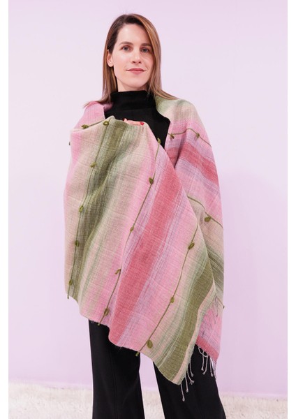 El Dokuması Yünlü Şal 65 x 205 cm - Pembe-Yeşil