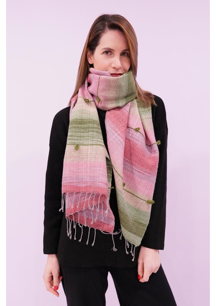 El Dokuması Yünlü Şal 65 x 205 cm - Pembe-Yeşil fiyatları
