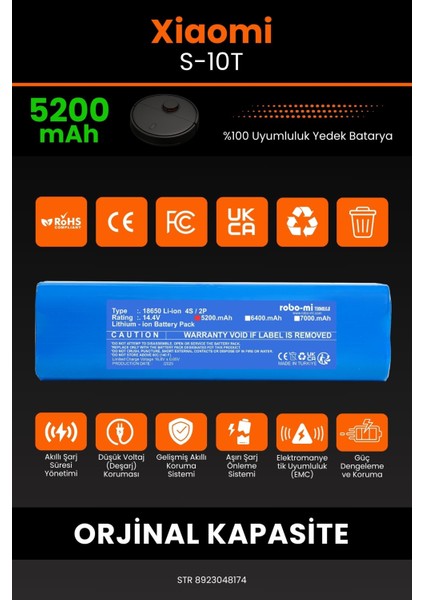 Xiaomi S-10T (KUTUSUZ)5200MAH Robot Süpürge Bataryası - Koruma Katmanlı Batarya Teknolojisi