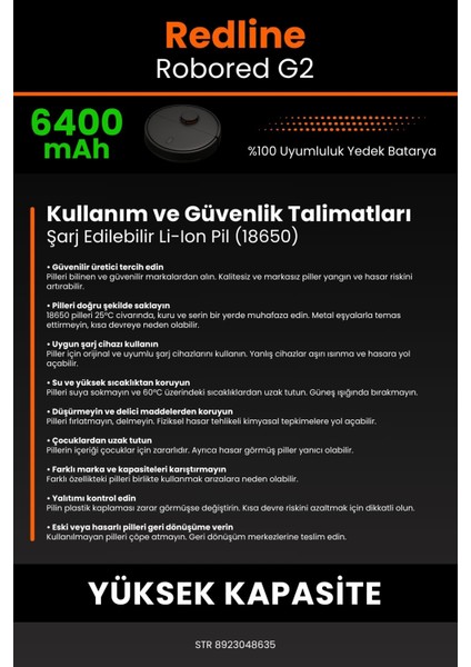 Redline Robored G2 6400MAH Robot Süpürge Bataryası - Yüksek Yoğunluklu Li-Ion Hücre
