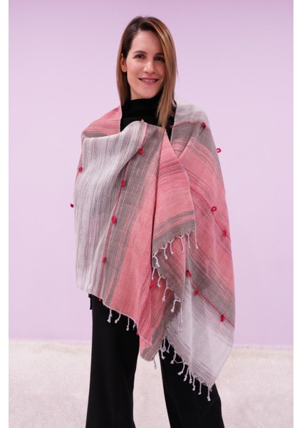 El Dokuması Yünlü Şal 65 x 205 cm - Pembe-Gri