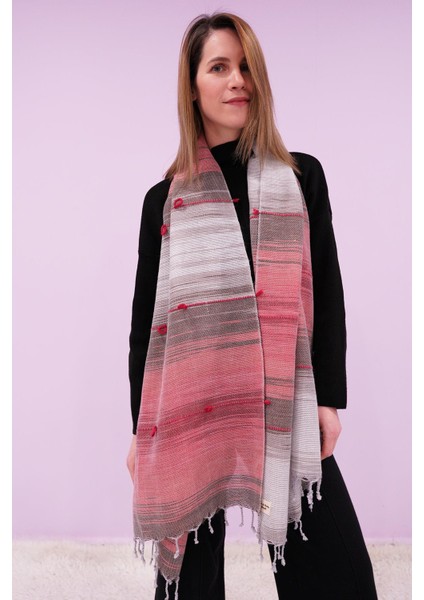 El Dokuması Yünlü Şal 65 x 205 cm - Pembe-Gri fiyatları
