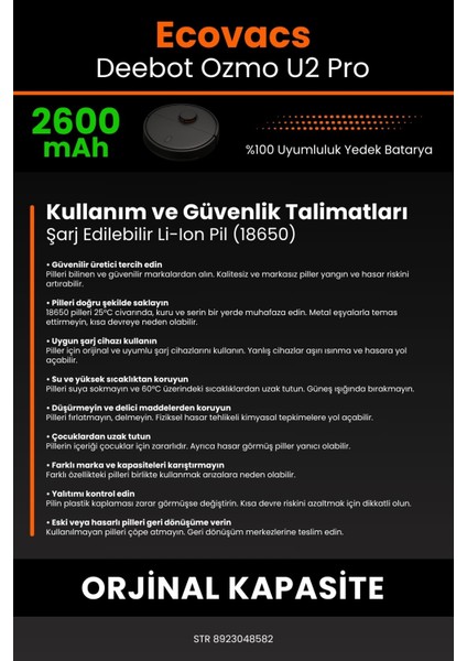 Ecovacs Deebot Ozmo U2 Pro 2600mAh Robot Süpürge Bataryası - Sertifikalı Güvenlik, Gerçek Kapasite