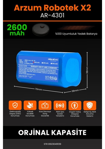 Arzum Robotek X2 AR-4301 2600MAH Robot Süpürge Bataryası - Koruma Katmanlı Batarya Teknolojisi